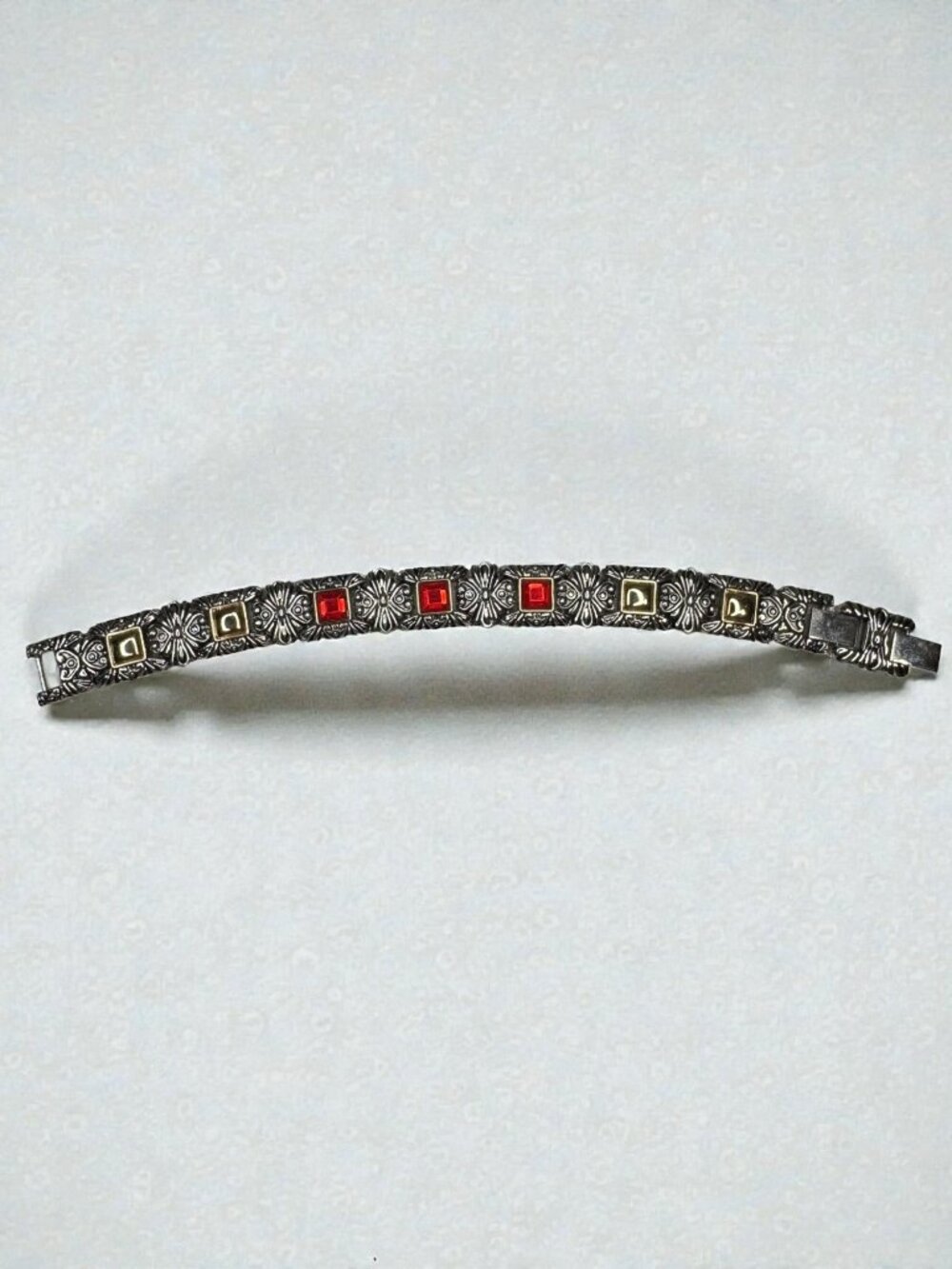 Silver Tone Link Bracelet Red Glass Gothic Scroll 2000s Vintage